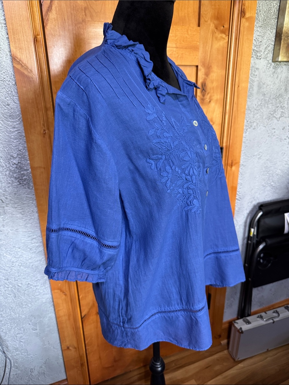 JP and Mattie Blue Embroidered Ruffle Collar Button-Up Top - Picture 2 of 5